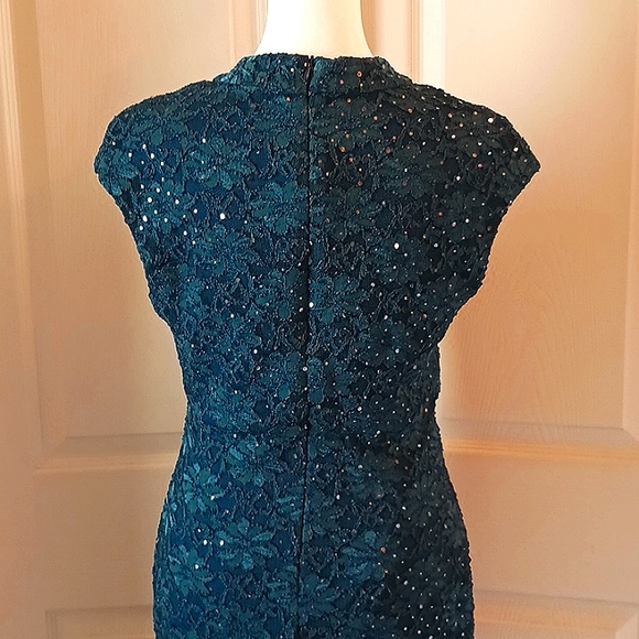 🍸Gorgeous Teal Lace & Sequin Cocktail Sheath Dress Size 4 - Picture 7 of 9